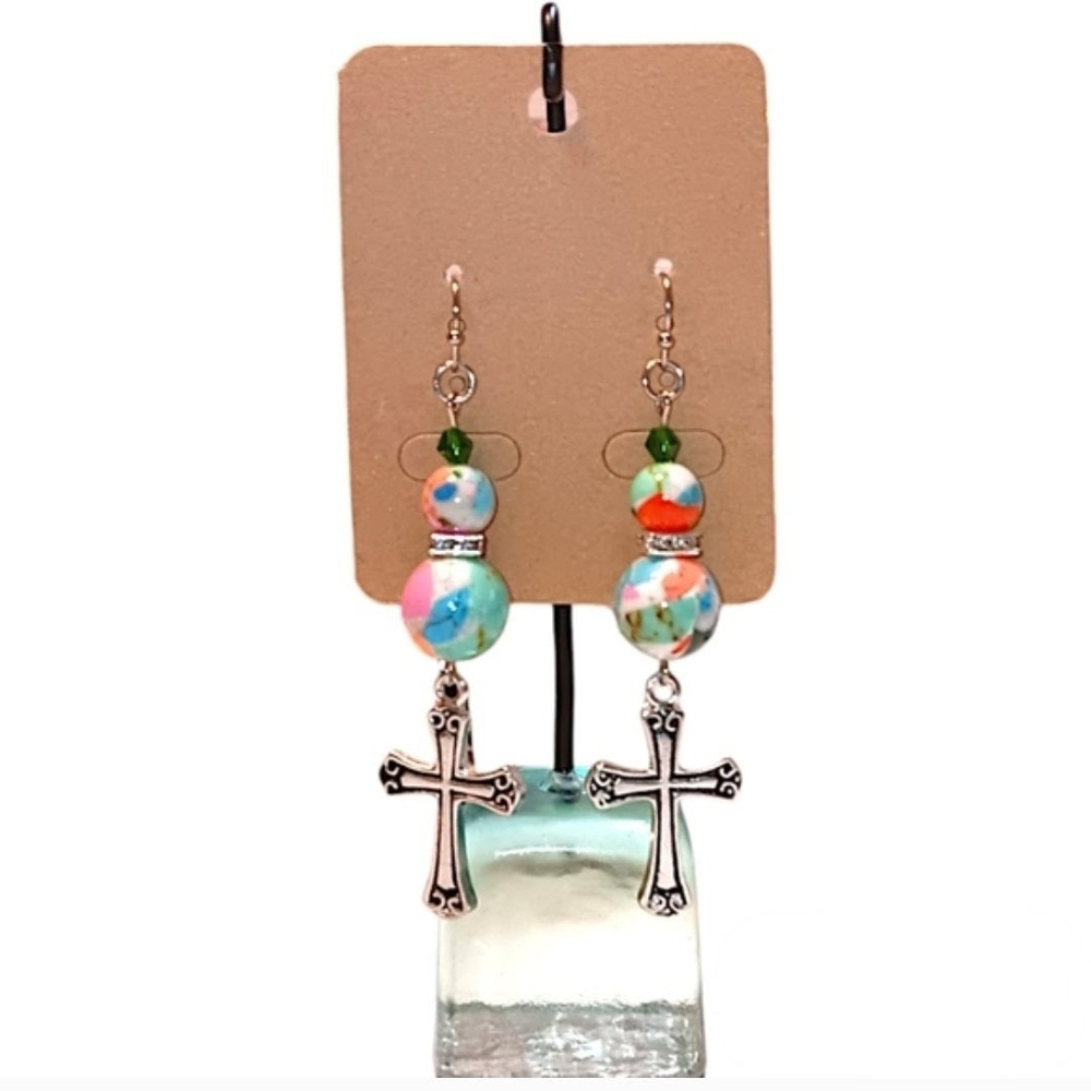 HANDMADE Multicolor Stone & Silver Cross Beaded Charm Dangle / Drop Earrings